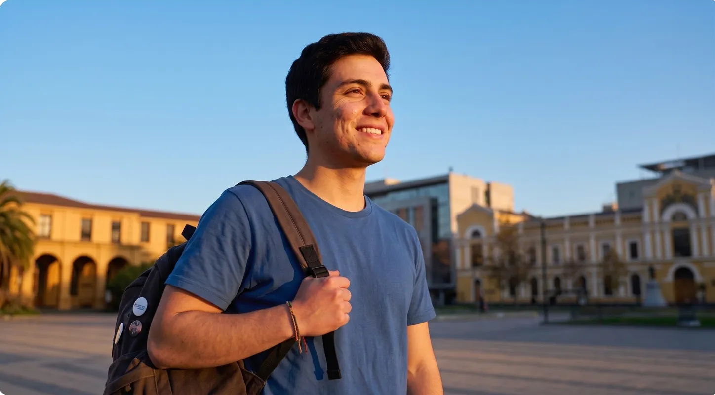 Estudiante con mochila caminando por un campus