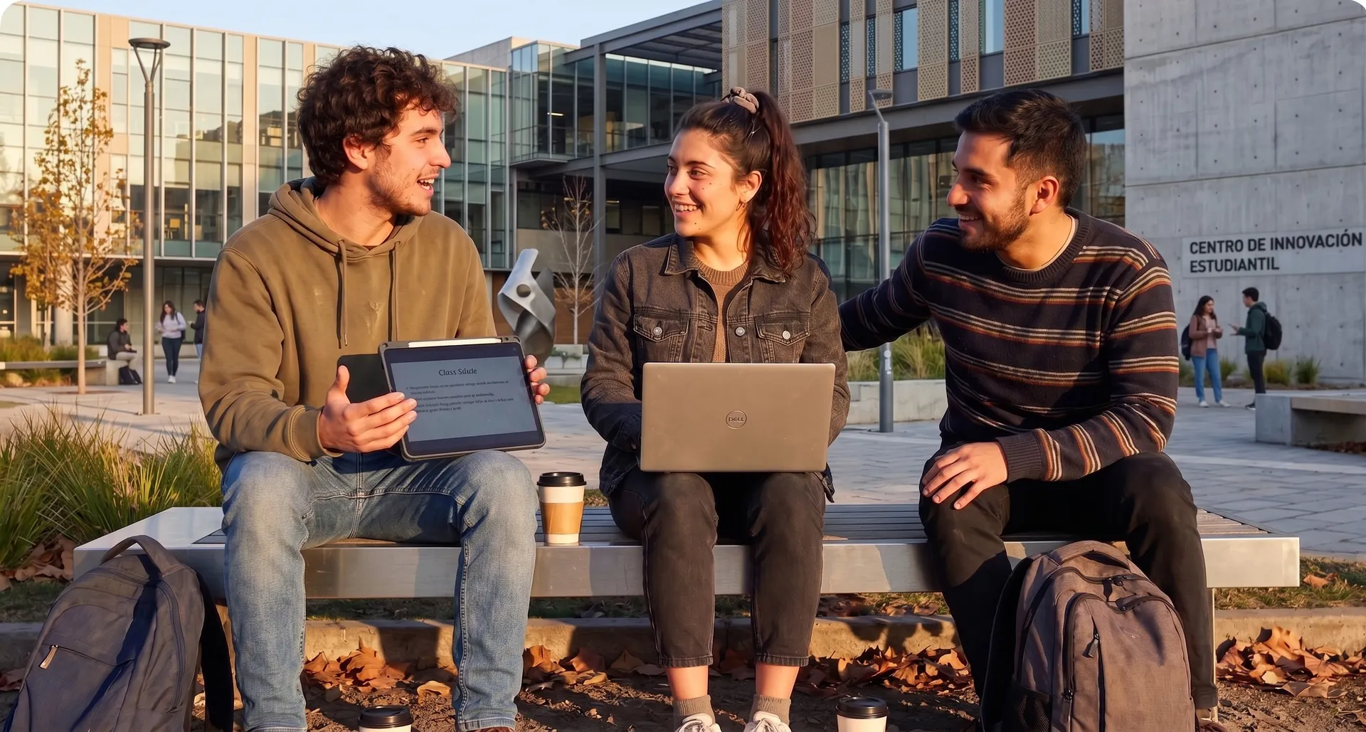 Tres estudiantes conversando en un campus con un computador y una tablet