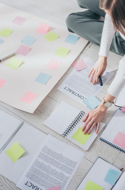 cropped view of businesswoman sitting on floor near digital tablet with blank screen and sticky